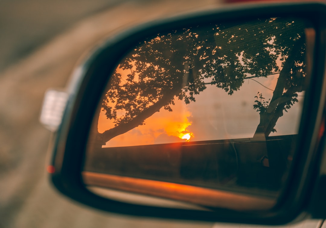 Hogyan hagytad abba az előző életedet? a rear view mirror reflecting a tree and a sunset